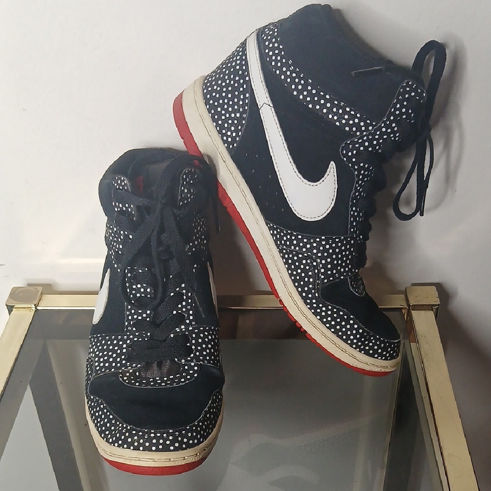 Nike Force Sky High Hidden Wedge Black And White Polka Dot Red Bottom Size 8